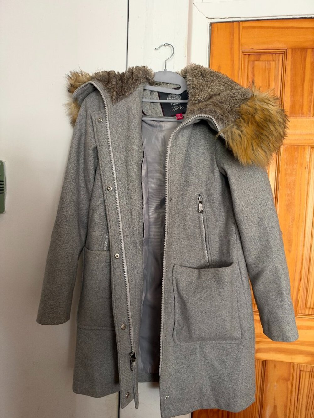 Vince Camuto Wool Blend Coat Faux Fur Hood Coat, XS, Grey